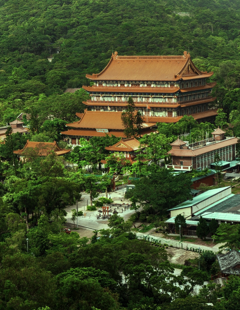 roof, plant, building exterior, eaves, place of worship, pic, green color, china, isla, asia, building, day, hong kong, tree, hongkonger, po lin monastery