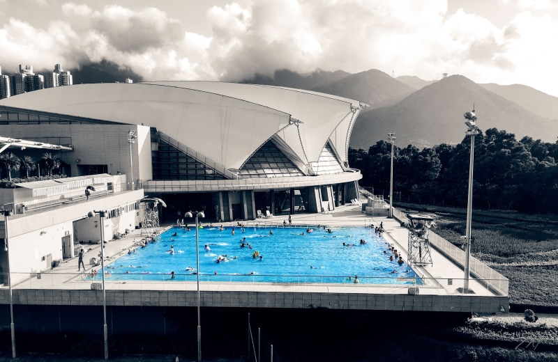 pool, day, harbor, mode of transportation, architecture, building exterior, mountain, outdoors, black and white, no people, nature, 4K, sky, swimming pool