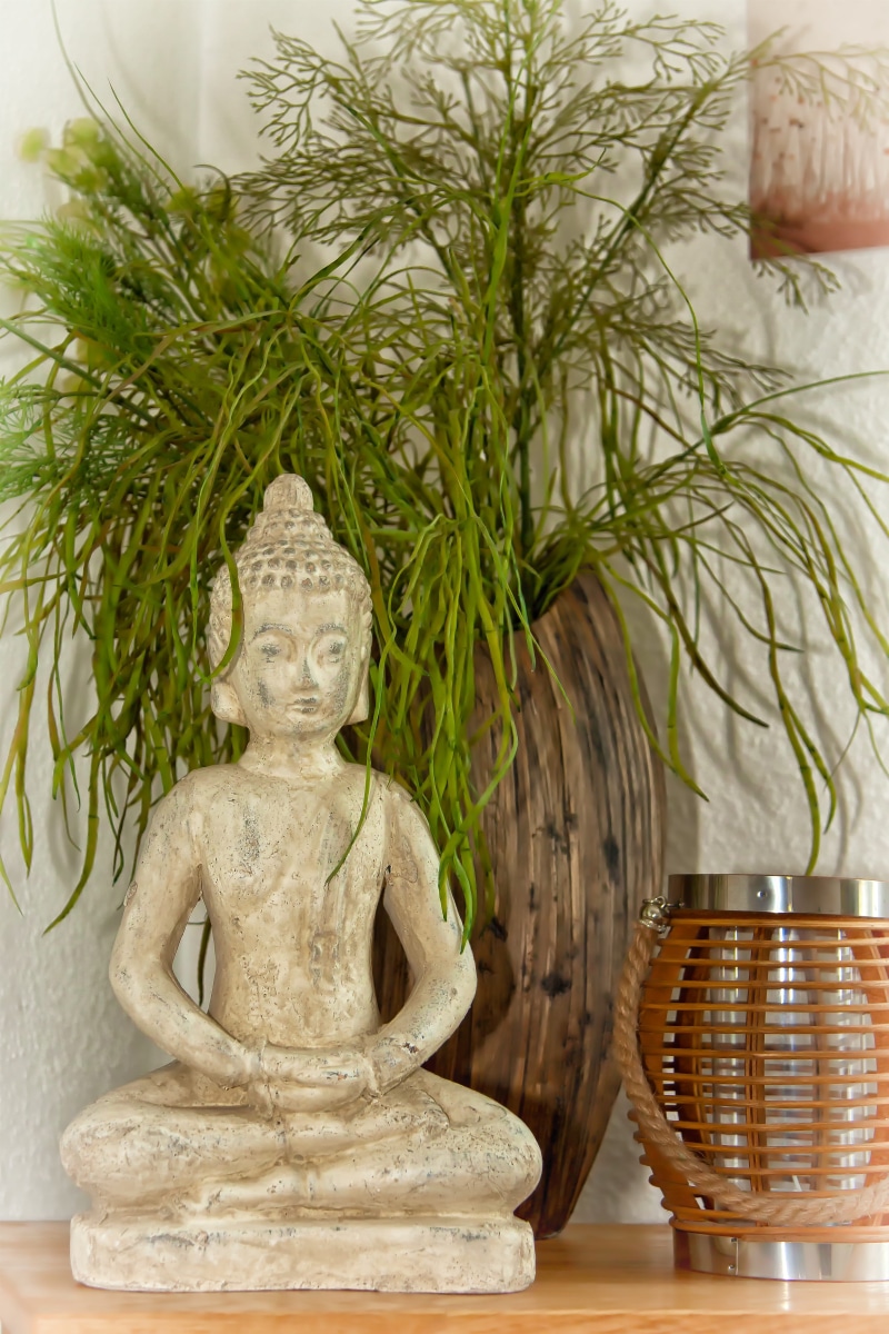figure, god, temple, indoors, asia, idol, rest, buddha, close-up, far east, art and craft, psychic, statue, 5K, plant, table, green color, sculpture, atmosphere