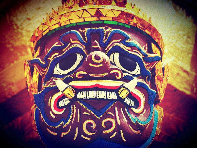 bangkok, golden, no people, asia, guardians, male likeness, vignette, close-up, demonic, blue, day, decorative, multi colored, art and craft, mythical