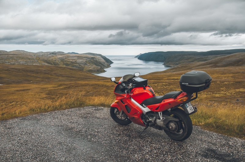 beauty in nature, cloud - sky, fiords, road, honda, roadtrip, nordkapp municipality, gravel, vfr 800, sky, sports, nature, motor scooter, dirt road, environment