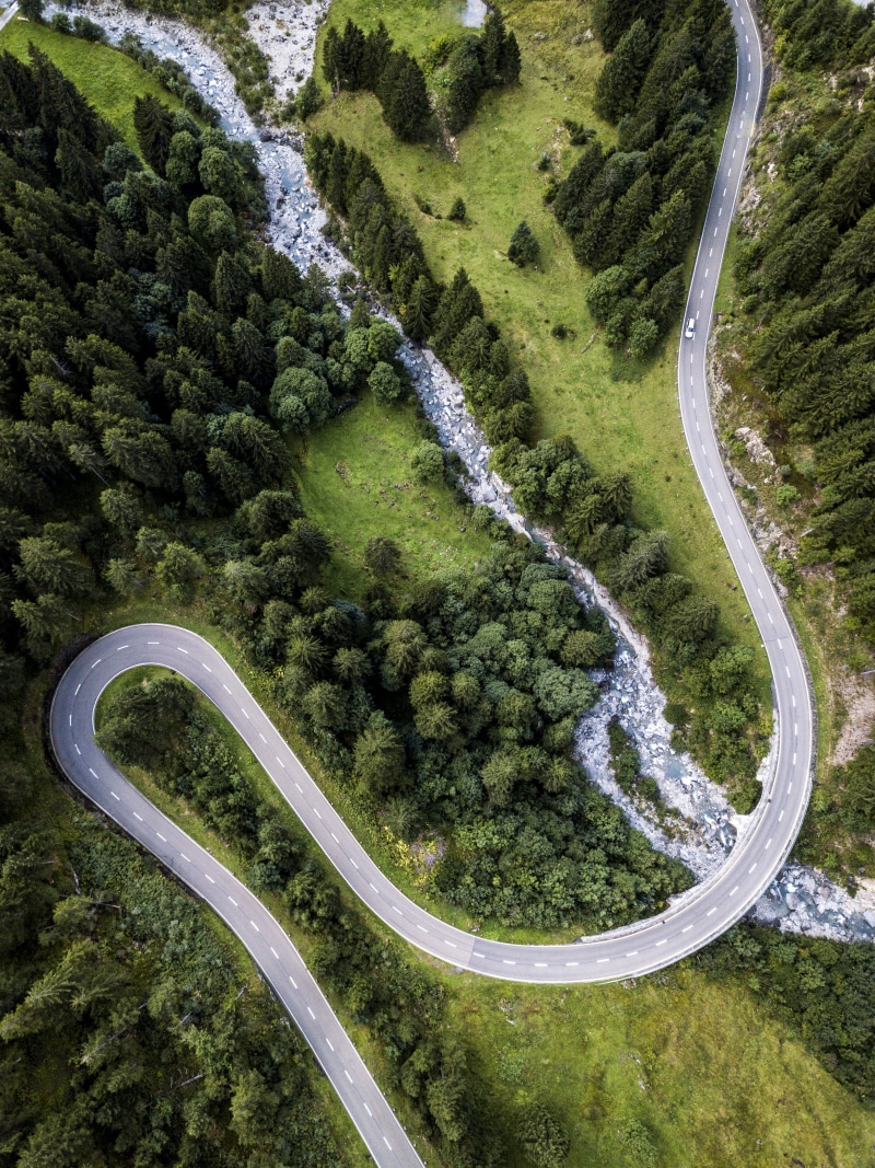 road trip, no people, view, green color, car, high angle view, plant, tree, aerial view, tranquility, stream, outdoors, swiss, 4K, day, land, environment