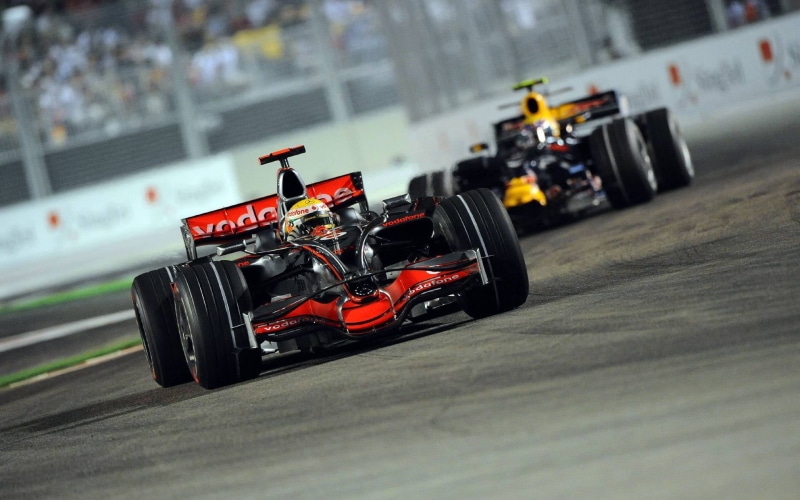 Night, McLaren MP4-23, athlete, The Singapore Grand Prix, auto racing, The car, Lewis Hamilton, transportation, land vehicle, competition, Formula-1, competitive sport