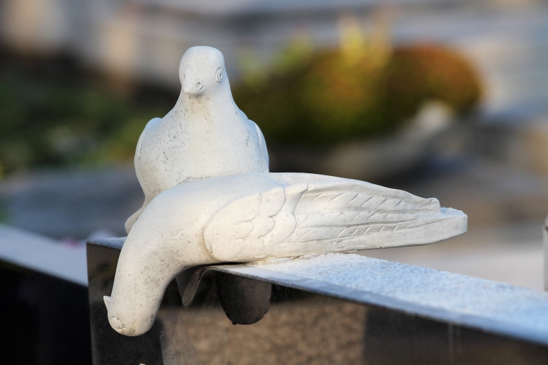 focus on foreground, art and craft, gravestone, statue, perching, monument, cemetery, nature, animal wildlife, craft, human representation, sculpture, outdoor