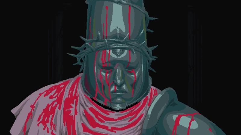 Blasphemous, mask, pixel art, video games, blood, 1080P