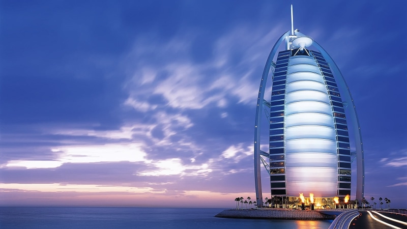 lights, black, nautical vessel, building exterior, Burj Al Arab, night, illuminated, city, office building exterior, Islamic architecture, outdoors, water