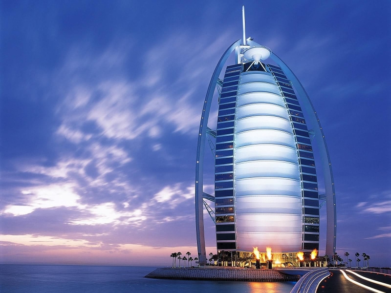 city, lights, Burj Al Arab, urban, architecture, sea, hotel, cityscape, blue, 720P, Islamic architecture, Dubai, building, clouds