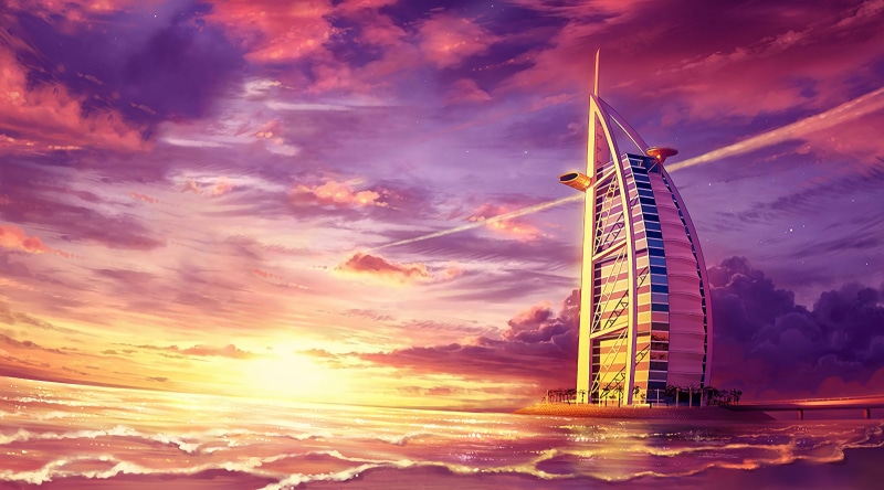 Seascape, 4K, 4K, Sunset, Burj Al Arab, Digital paint