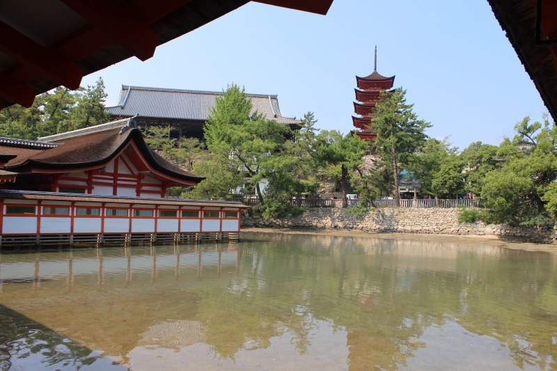 no people, reflection, miyajima, water, outdoors, religion, tree, lake, place of worship, waterfront, building, japan, itsukushima shinto shrine, building exterior