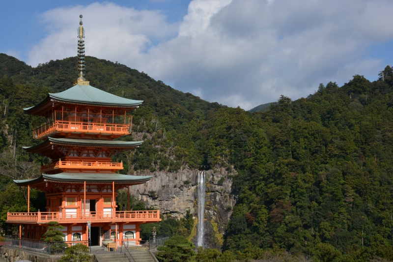 belief, nature, brown, kumano ancient road, spirituality, classical style, temple, outdoors, built structure, tree, temple - Building, waterfall, ancient