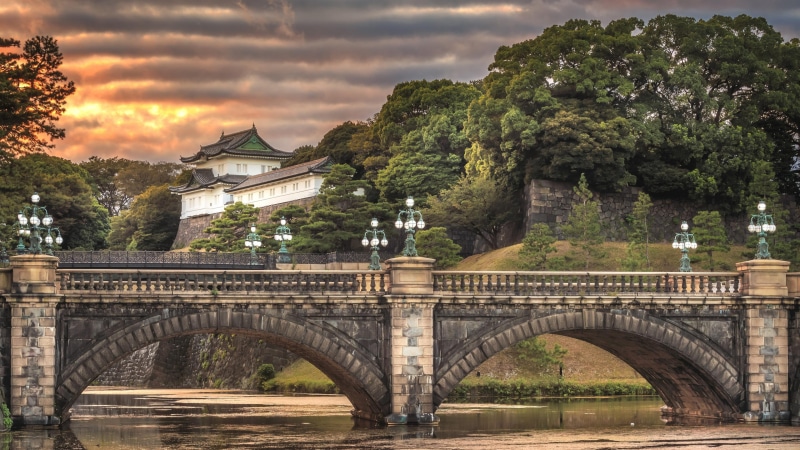 river, japan, tree, seimon bridge, ironbridge, sky, 4K, imperial palace, landmark, seimon bridges, arch bridge, landscape, palace, castle, seimon ironbridge