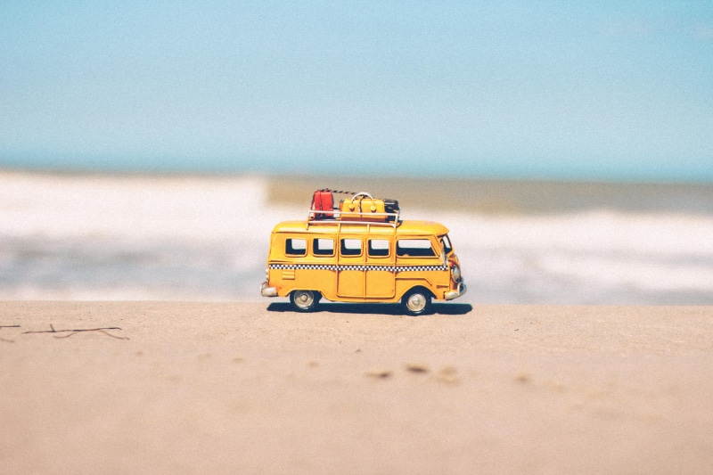 motor vehicle, recreation, 5K, transportation, sand, yellow, car, vehicle, RV, campervan, taxi, volkswagen, leisure, water, sea, motorhome, toy car, seashore