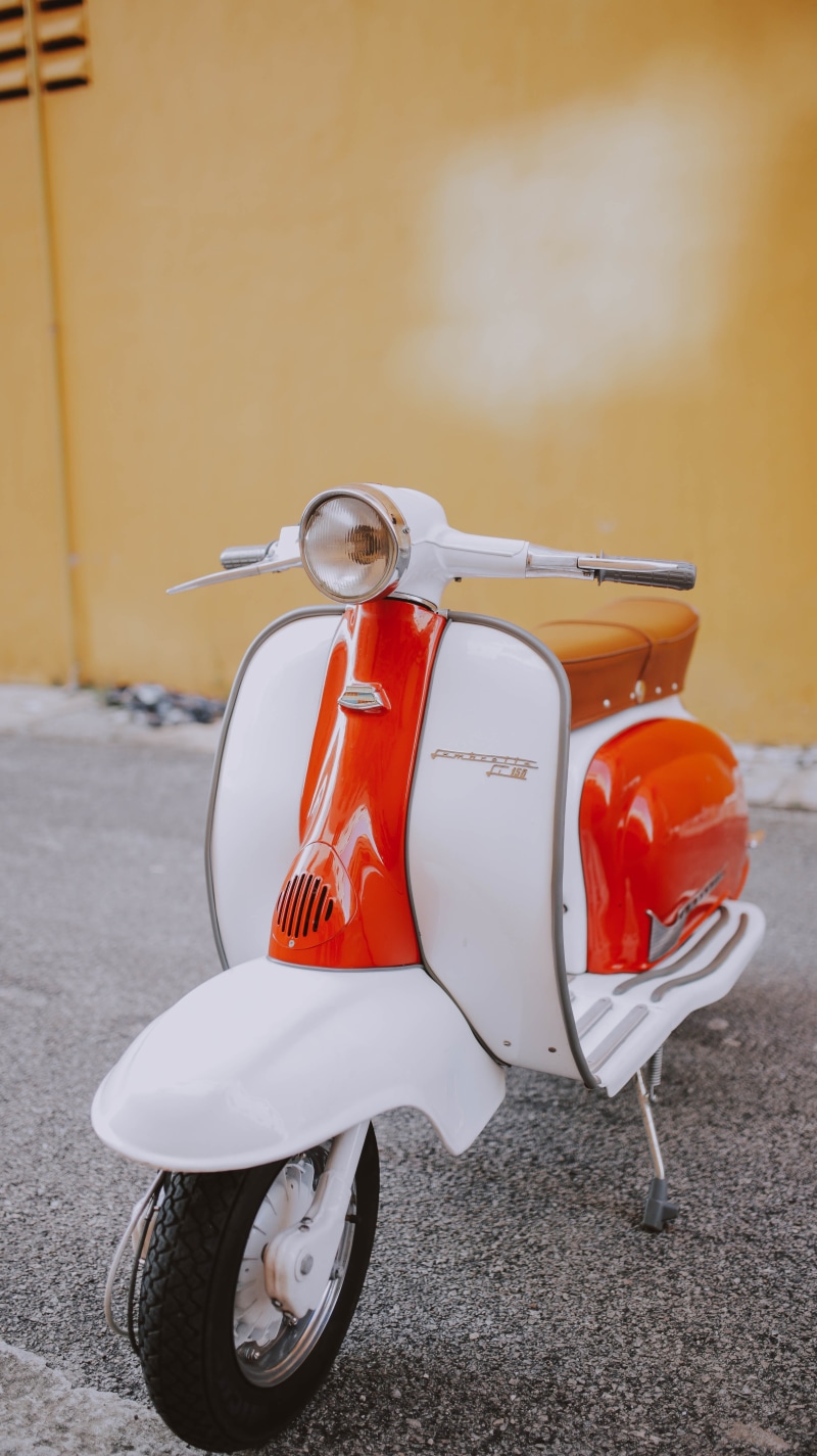 transport, retro, vsco, motor, orange color, wheel, city, scooter, vehicle, protection, parking, white, motor scooter, shine, flooring, urban, focus on foreground