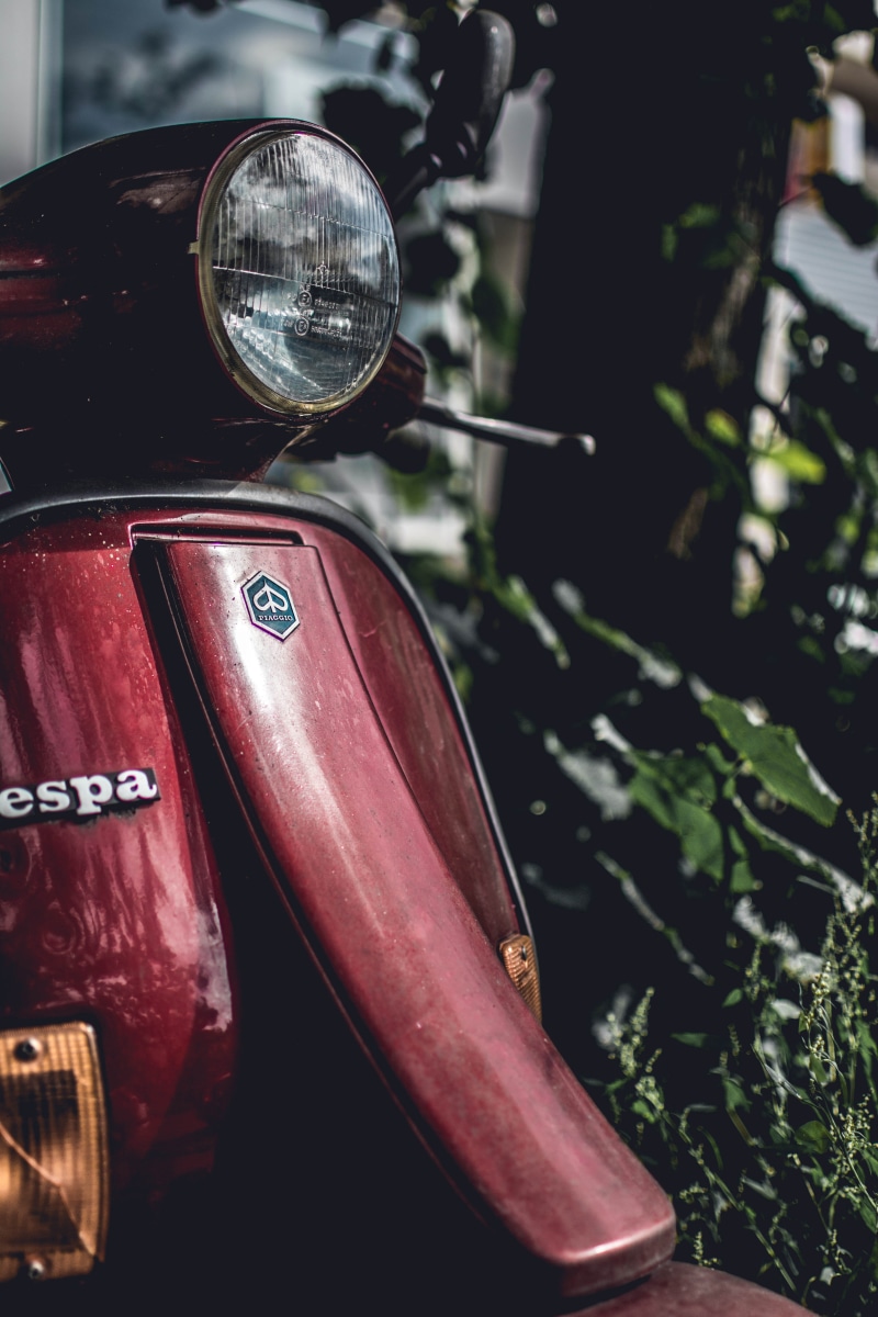 headlight, photo, focus, red, wheel, retro, scooter, transportation system, nature, vehicle, transportation, bicycle, vespa, focus on foreground, no people