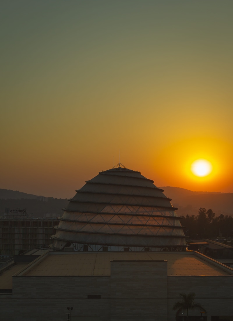 built structure, copy space, sky, architecture, belief, 4K, sunset, rwanda, building exterior, place of worship, spire, silhouette, africa, religion, orange color