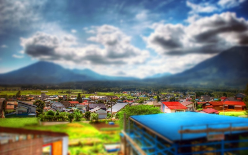 painting, blue, valley, clouds, dusk, tilt-shift, high angle view, tilt shift, mountain, nature, no people, europe, cultures, city, townscape, scenics