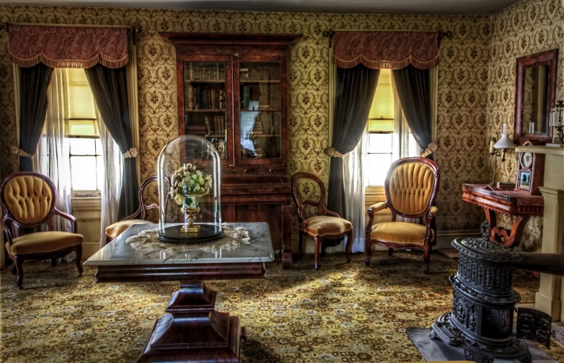 historic, living, house, home, retro, building, absence, curtain, luxury, domestic room, home interior, historical, carpet - decor, the past, furniture