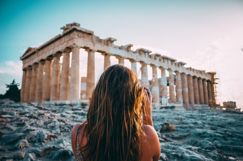monument, ancient civilization, ruins, travel destinations, photography, rear view, women, 5K, hair, greece, tourism, holiday, one person, building exterior