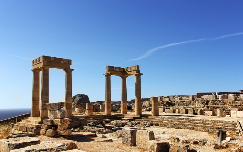 city, ruin, blue, 4K, old ruin, no people, place of worship, clear sky, ancient civilization, lindos, architectural column, outdoors, old, excavation