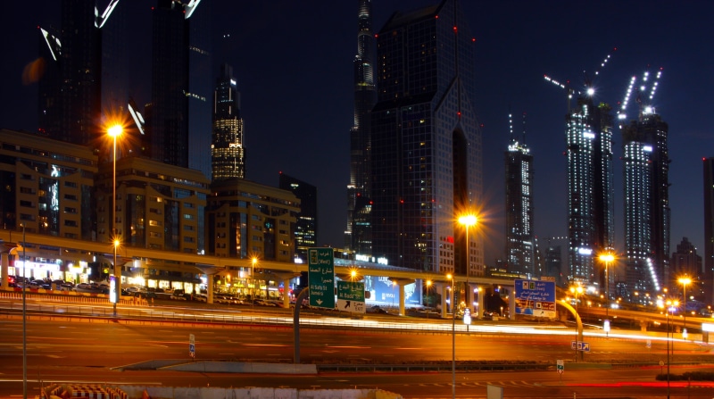 road, architecture, 4K, no people, outdoors, building exterior, street light, illuminated, urban, Sheikh Zayed Road, cityscape, building, city street
