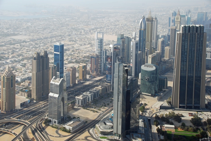landscape, outdoors, office building exterior, 4K, spire, Dubai, crowded, united Arab Emirates, cityscape, financial district, high Angle View, downtown District
