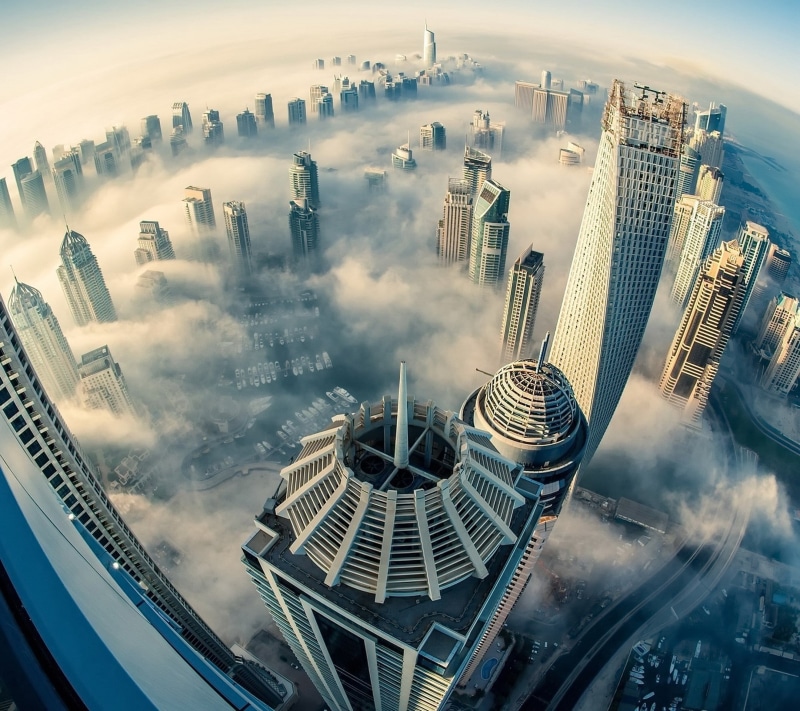architecture, Cityscape, 1080P, clouds, Urban, city, Heights, building, sea, Fisheye Lens, Aerial View, photography, mist, Dubai, Skyscraper