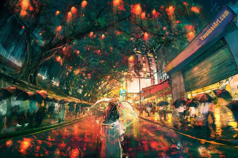1080P, night, rain, Yuumei