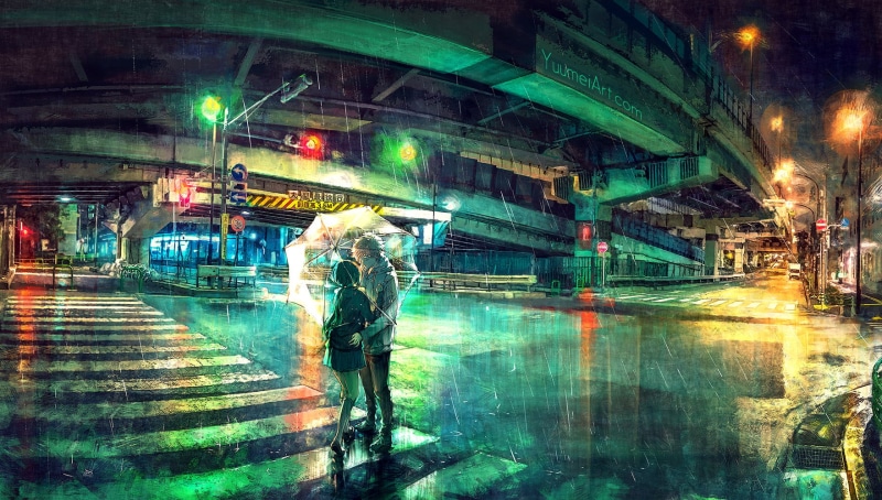 couple, bridge, light, woman, street, night, lifestyles, women, one person, street light, digital, water, built structure, real people, reflection, near