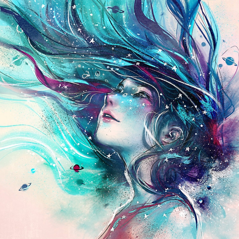 painting, 720P, galaxy, Yuumei, wavy hair, women, stars, planet, tribute, digital art