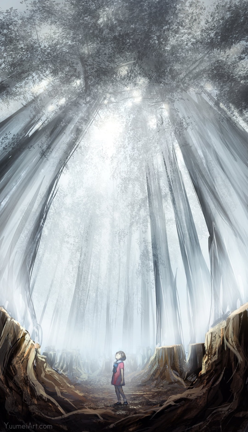 children, forest, 720P, tree stump, digital art, mist, Yuumei, looking up