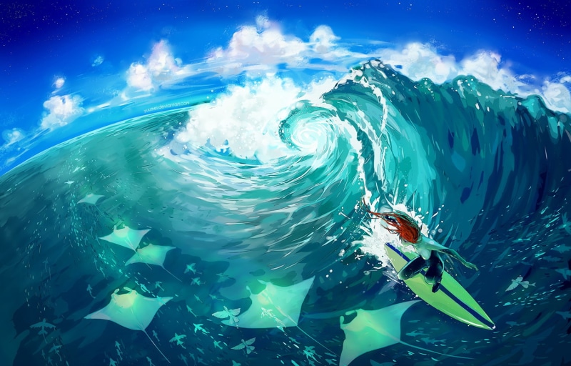 clouds, 720P, hair, watermark, water, stars, yuumei, original, red, sky, animal, long, fish