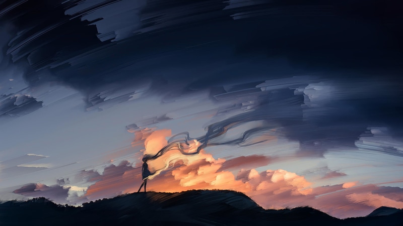 clouds, hair, hills, Yuumei, 1080P, brush, digital art, women, painting, alone