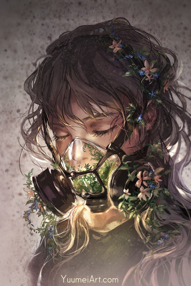 Yuumei, plants, women, closed eyes, 720P, brunette, mask, drawing, overgrown, portrait, flowers