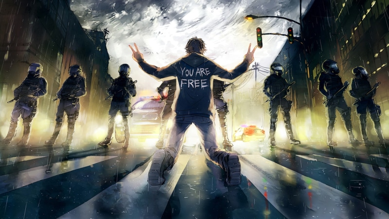 cities, artistic, dark, people, police, yuumei deviantart com, paintings, anarchy, digital art, riot, airbrushing, 1080P