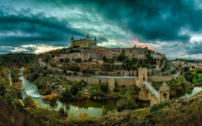 river, building, landscape, clouds, Toledo, architecture, city, 1080P, Spain, bridge, hills, sunset, photography