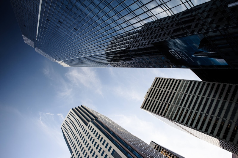 cloud - sky, day, tall - high, low angle view, low, modern, reflection, office, city, built structure, financial district, buildings, tower, angle, spire