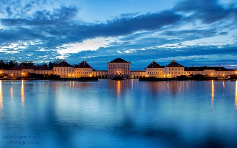 germany, Night, city, river, castle, lights, clouds, sky, blue, Bavaria, palace, Munich, 1080P, lighting, Nymphenburg