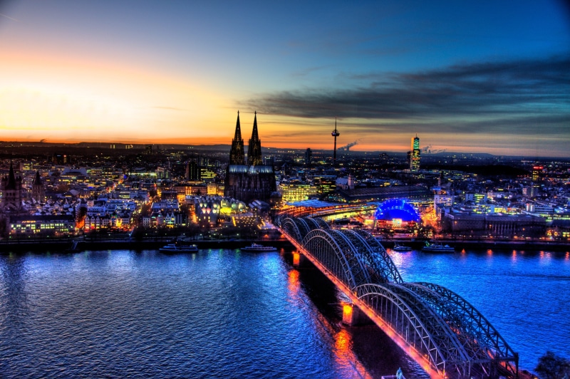 reflection, clouds, sunset, tower, building exterior, cloud - sky, buildings, river, 4K, Köln, skyline, hohenzollern bridge, bridge, cologne cathedral