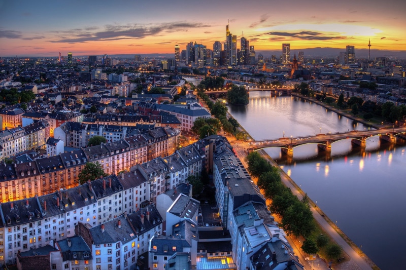 Germany, bridge, city, lights, evening, river, Frankfurt, 1080P