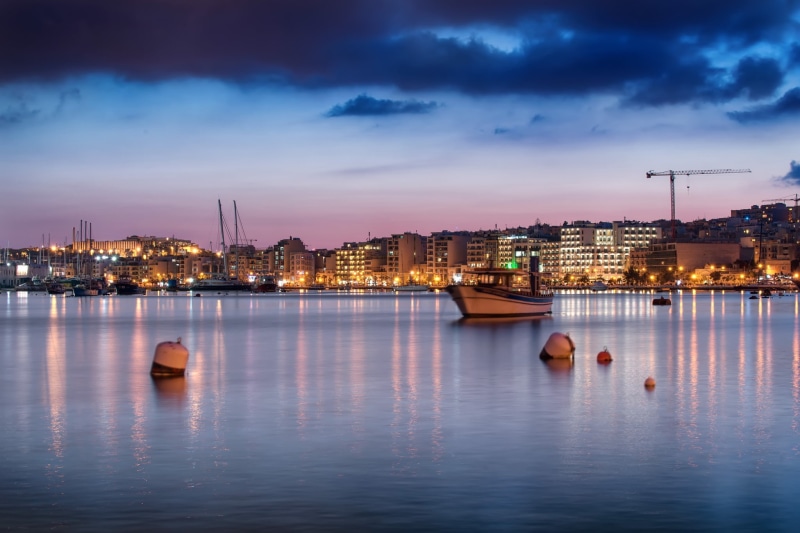 pink, evening, sea buoys, home lighting, boats, coast, Malta, sky, clouds, 1080P, Sliema, blue, city