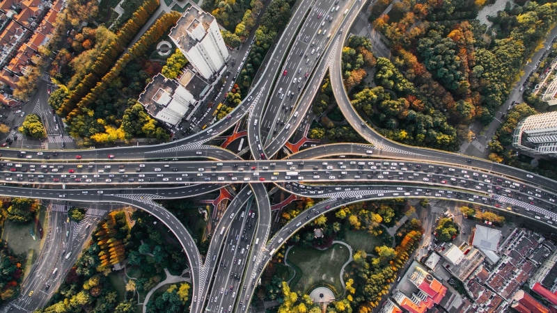 1080P, trees  architecture  China  birds eye view  interchange  car  crossroads  highway  city  Shanghai  cityscape  building  aerial view  traffic  road