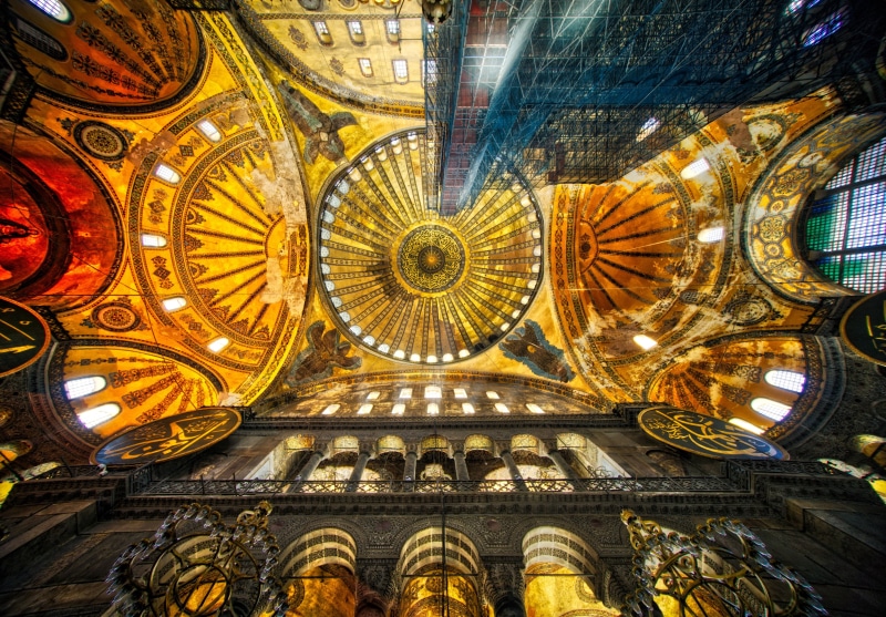 directly below, ceiling, pattern, building, place of worship, religion, altar, hagia sophia 4k new image, illuminated, art and craft, no people