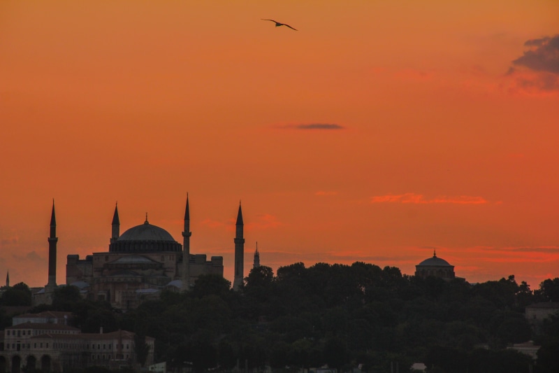 sunset, landmark, ancient, spirituality, building, travel, nature, 5K, mosque, architecture, hagiasophia, evening, built structure, place of worship, turkey