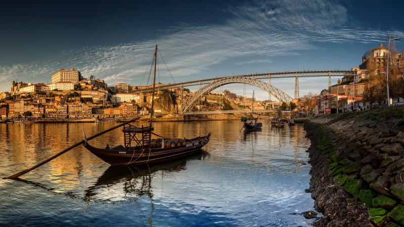 boat, bridge - man made structure, bridge, douro river, waterway, 4K, nautical vessel, porto, cityscape, river, built structure, europe, building exterior