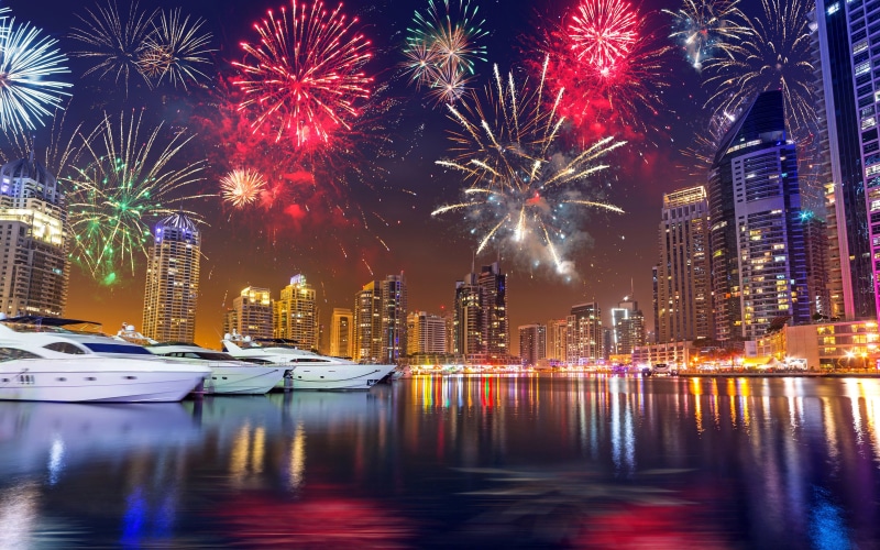 building, modern, dubai, city, transportation, building exterior, fireworks, skyscrapers, waterfront, office building exterior, light, motion