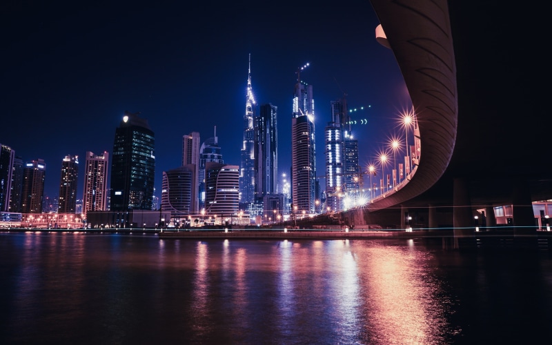 skyscraper, city, no people, desktop, modern, building, dubai, urban skyline, night, reflection, hd, skyscrapers, river, architecture, sky, water, emirates