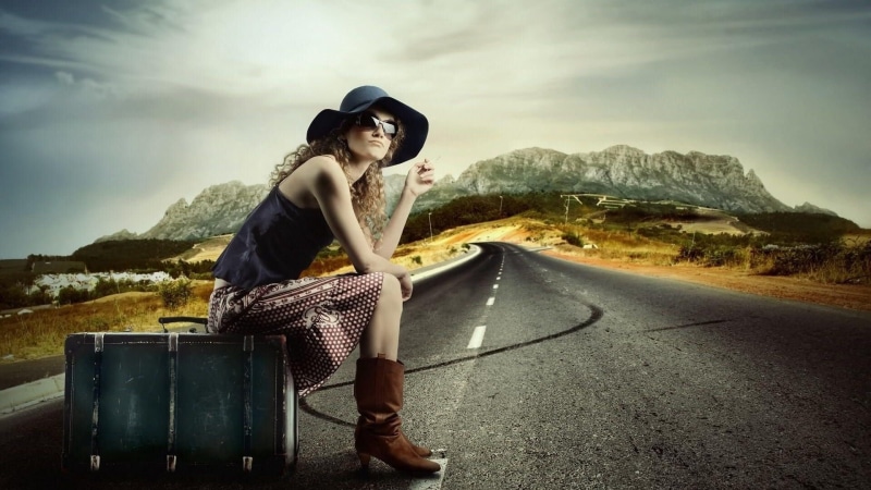1080P, travel, leisure activity, luggage, transportation, casual clothing, cloud - sky, women with shades, sky, wearing, road, one person, full length