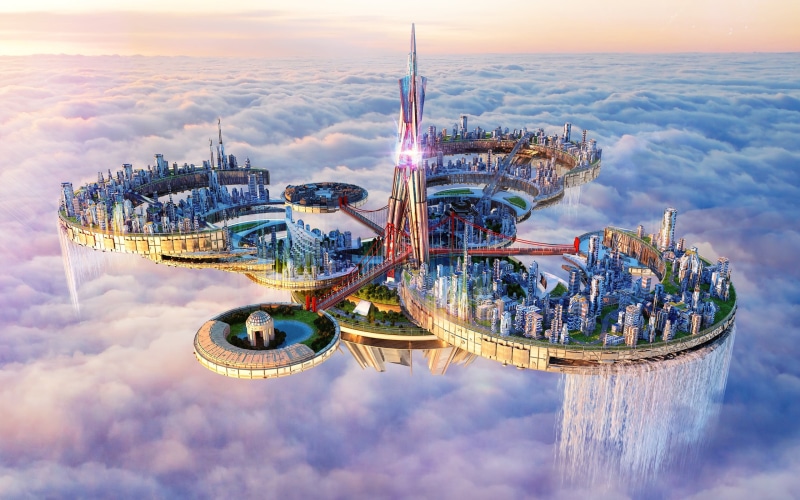 high angle view, fantasy art, built structure, floating, skyscraper, travel, transportation, no people, cloud - sky, illuminated, outdoors, sky, architecture