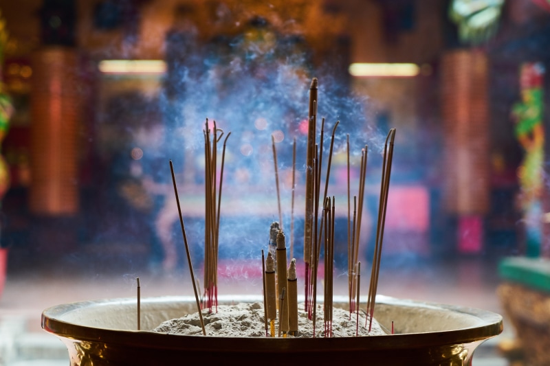 buddhism, spirituality, shrine, faith, indian, religious equipment, asian, built structure, stick - plant part, architecture, on, smoke, smoke - physical structure