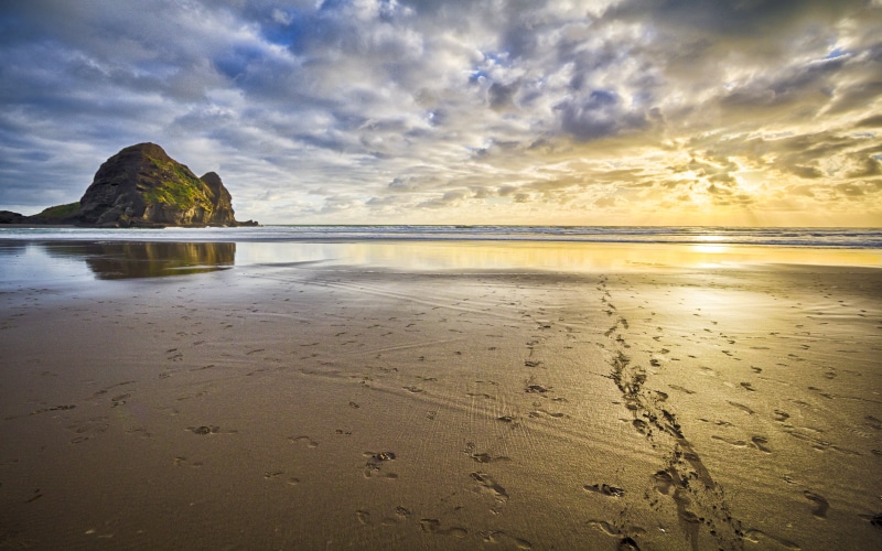 cloud - sky, sunset, coastline, sea, sky, land, tranquility, no people, lies, piha, new, northwest, horizon over water, zealand, 2K, beach, surfing, scenics - nature